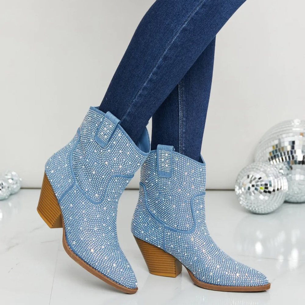✧LAST PAIR 6.5✧ Denim Jean Rhinestone Bling Cowboy Western Ankle Boots